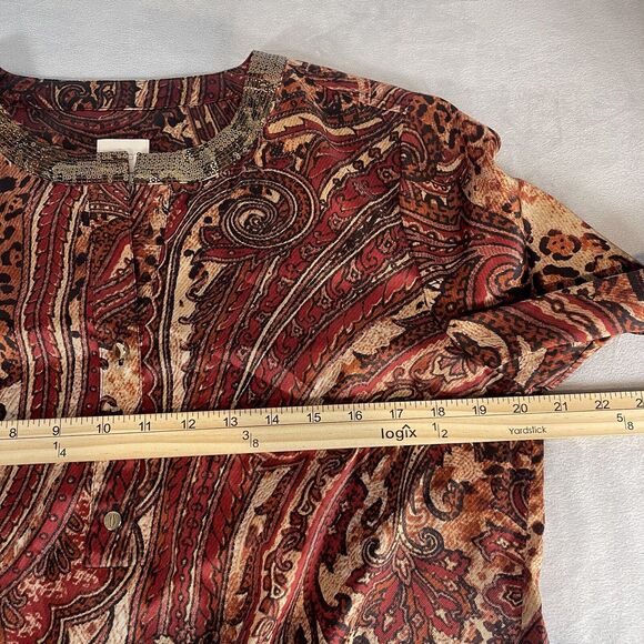 Chicos Top Women 1 US M Multi Animal Paisley Satin Sequin Neck Blouse Tie Hem - Picture 9 of 10